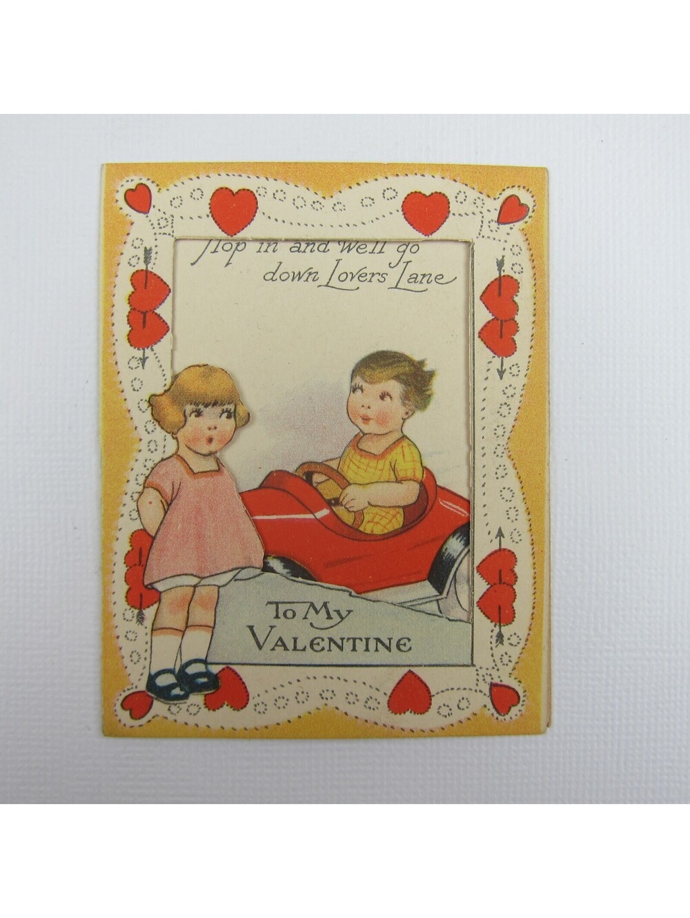 Vintage Valentine  Window Cutout Blonde Girl Boy Red Car Lovers Lane UNSIGNED